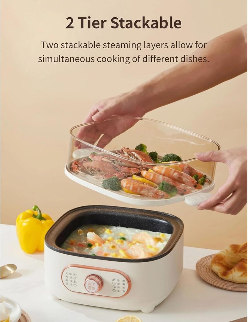 Wisoqu Two Tier Food Steamer, 1200W Electric Hot Pot with Steaming Plate, Mini Hot Pot for Fast Simultaneous Cooking, 10.5L Stackable Multipurpose Cooker for Soup Noodles Oatmeal (PP+pc - Image 4